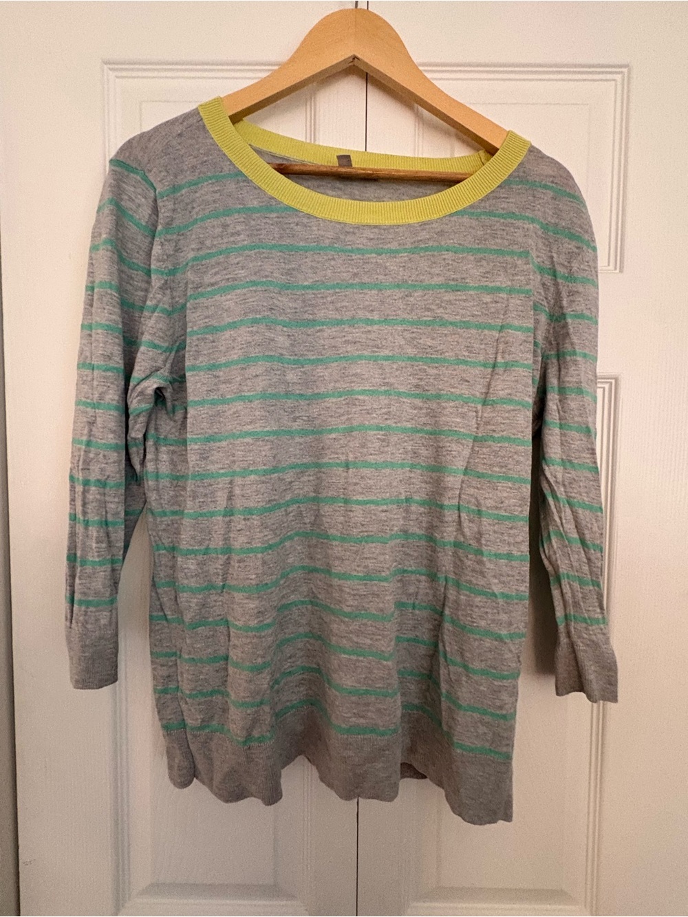 Halogen Gray Sweater with Mint Stripes and Yellow Trim